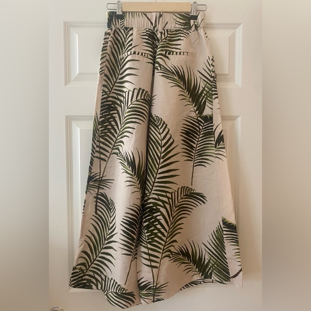 H&M Pleated Ultra Wide Leg Pants Size 4 Linen Blend Palm Leaf Print 🌴 Very Chic - Picture 2 of 12